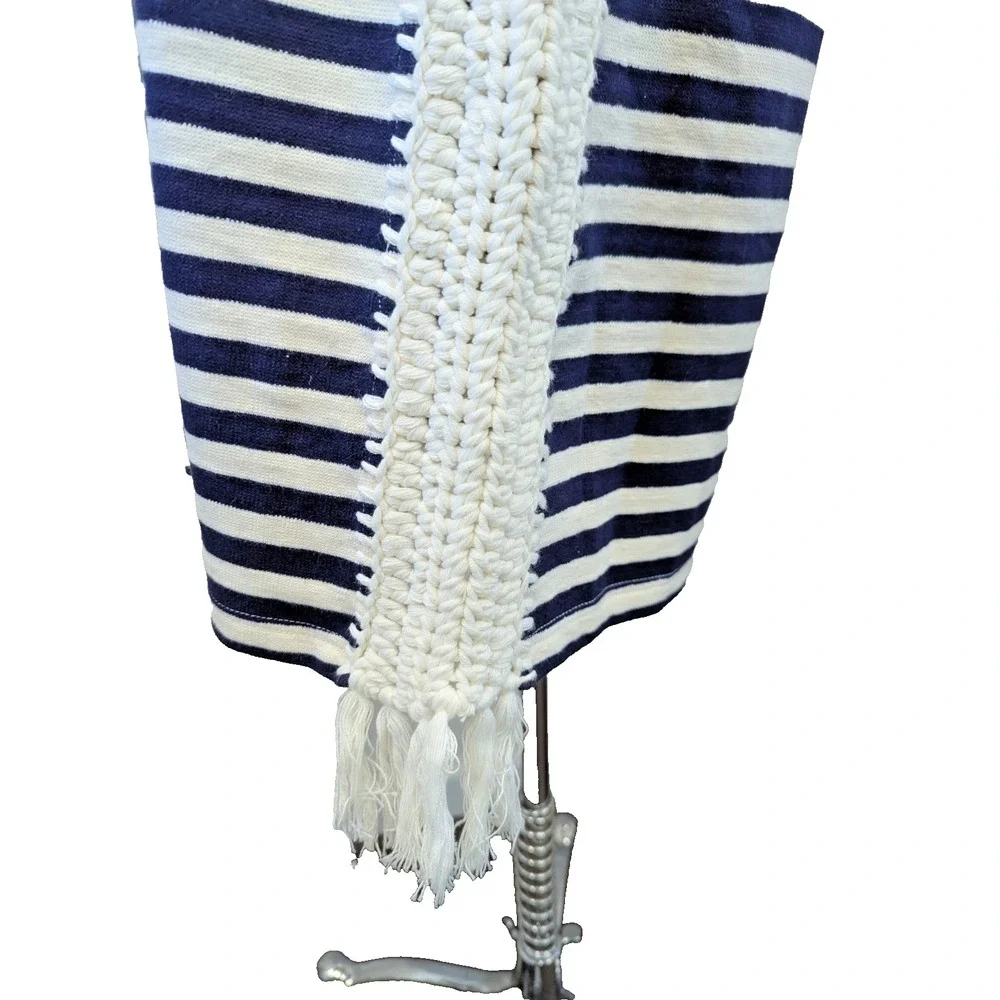 Anthropologie Pepin Nautical Stripe Cotton Tunic Dress Size L Crochet‎ Trim Navy